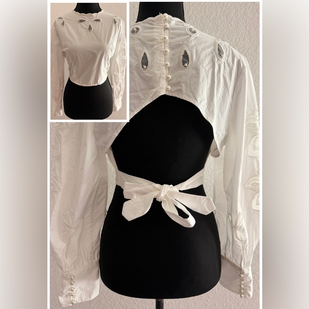 SANDRO Cropped Floral Embroidered Cotton Poplin Blouse | Faux Pearl Detail Top